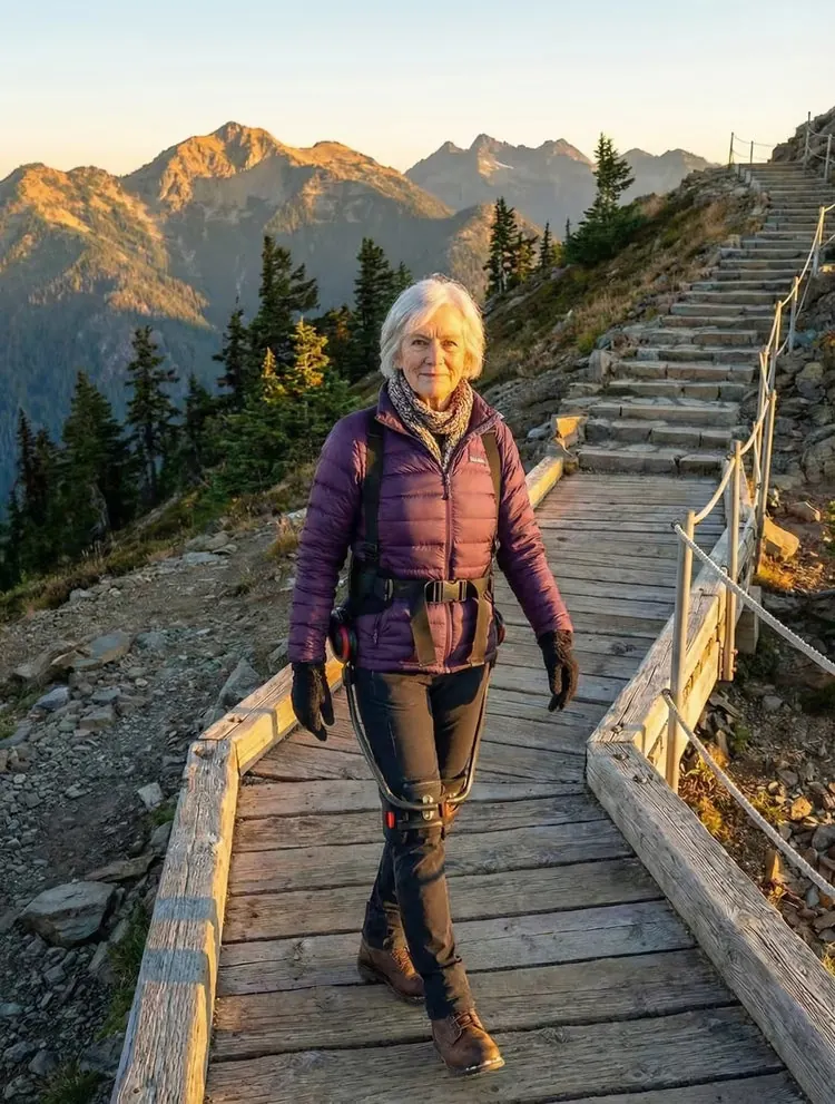 An older walker wearing a hip-mounted device on a mountain boardwalk